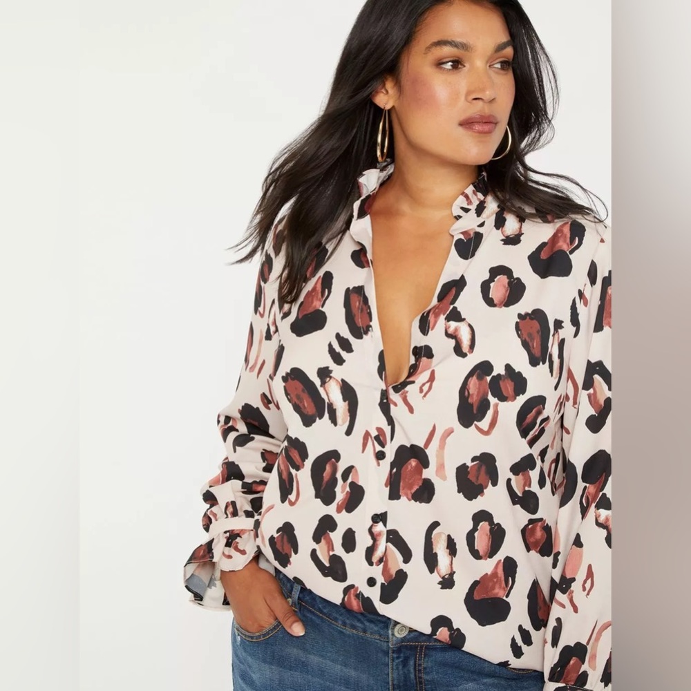 Eloquii Animal Print Button Down Shirt Ruffle Neck Size 18
